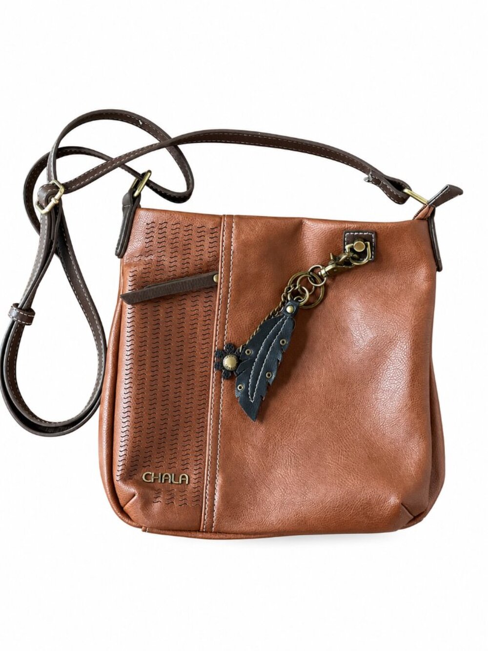 CHALA Laser Cut Crossbody Bag Brown Faux Leather Feather Charm Boho Purse